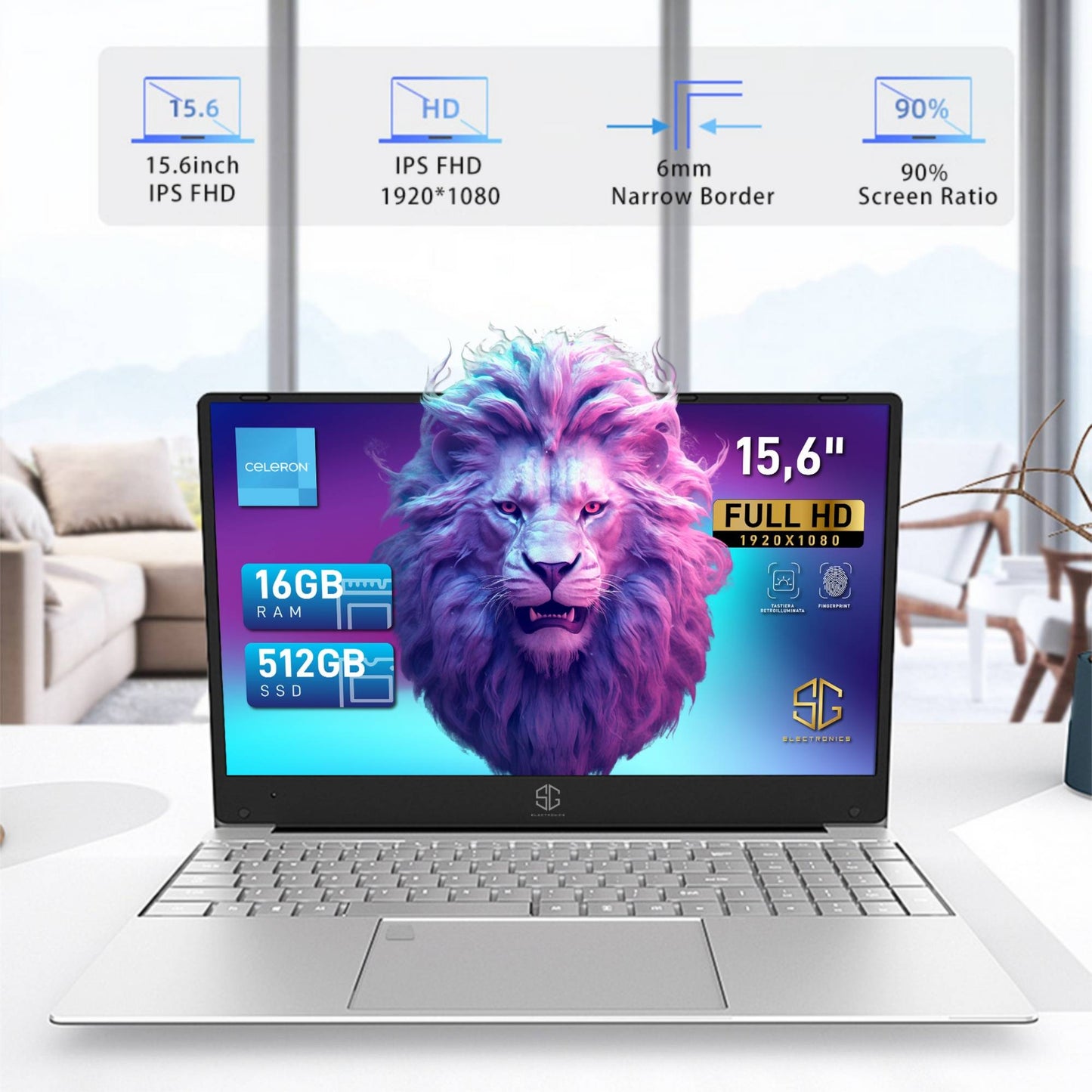 Pc Portatile SG, Processore N5095 4 Core 2.9Ghz, Ram 16Gb, SSD 512Gb, Display 15,6" FHD, Tastiera Retro con Finger Print